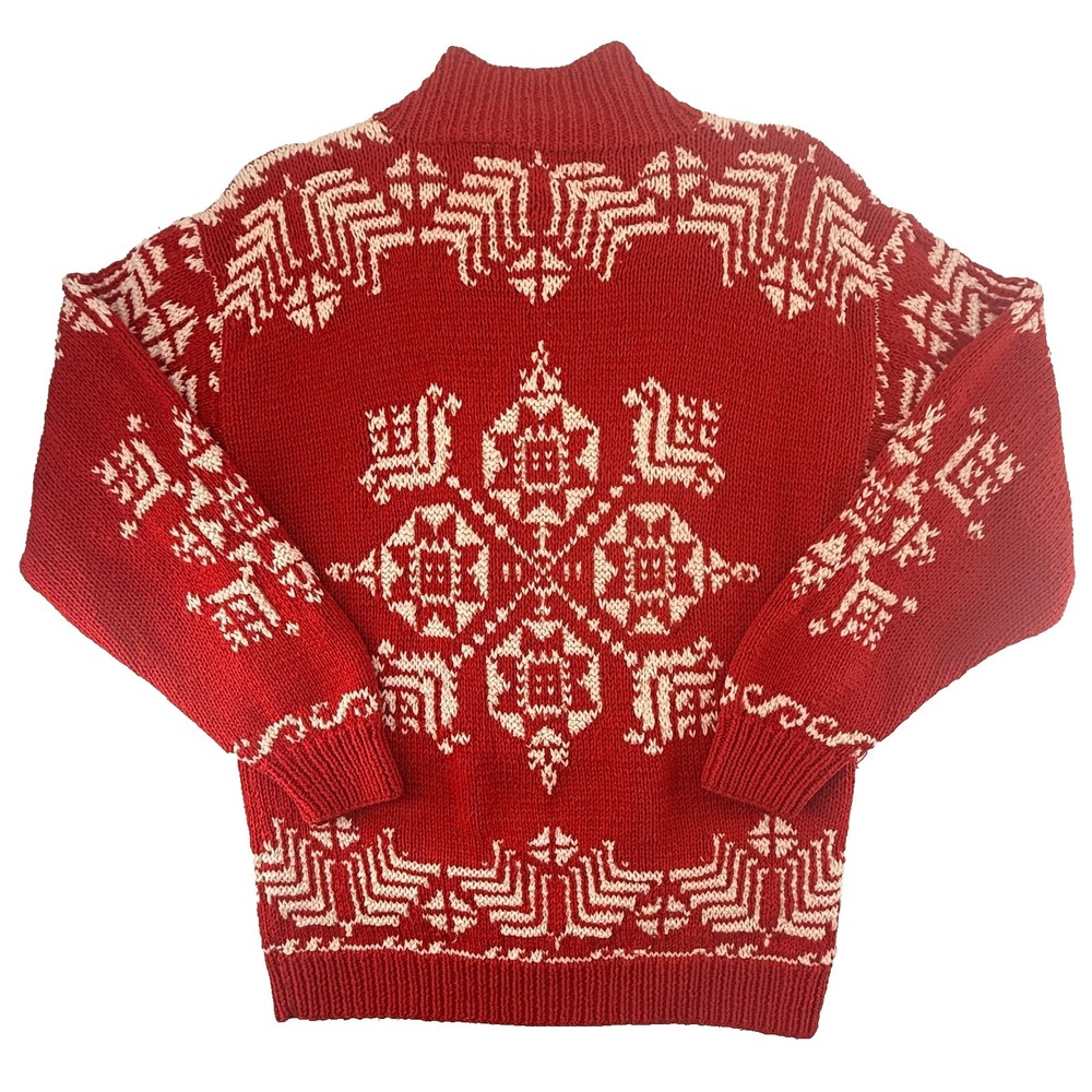 Vintage Le Moda Hand Knit Nordic Sweater Womens Medium Red Fair Isle Ramie